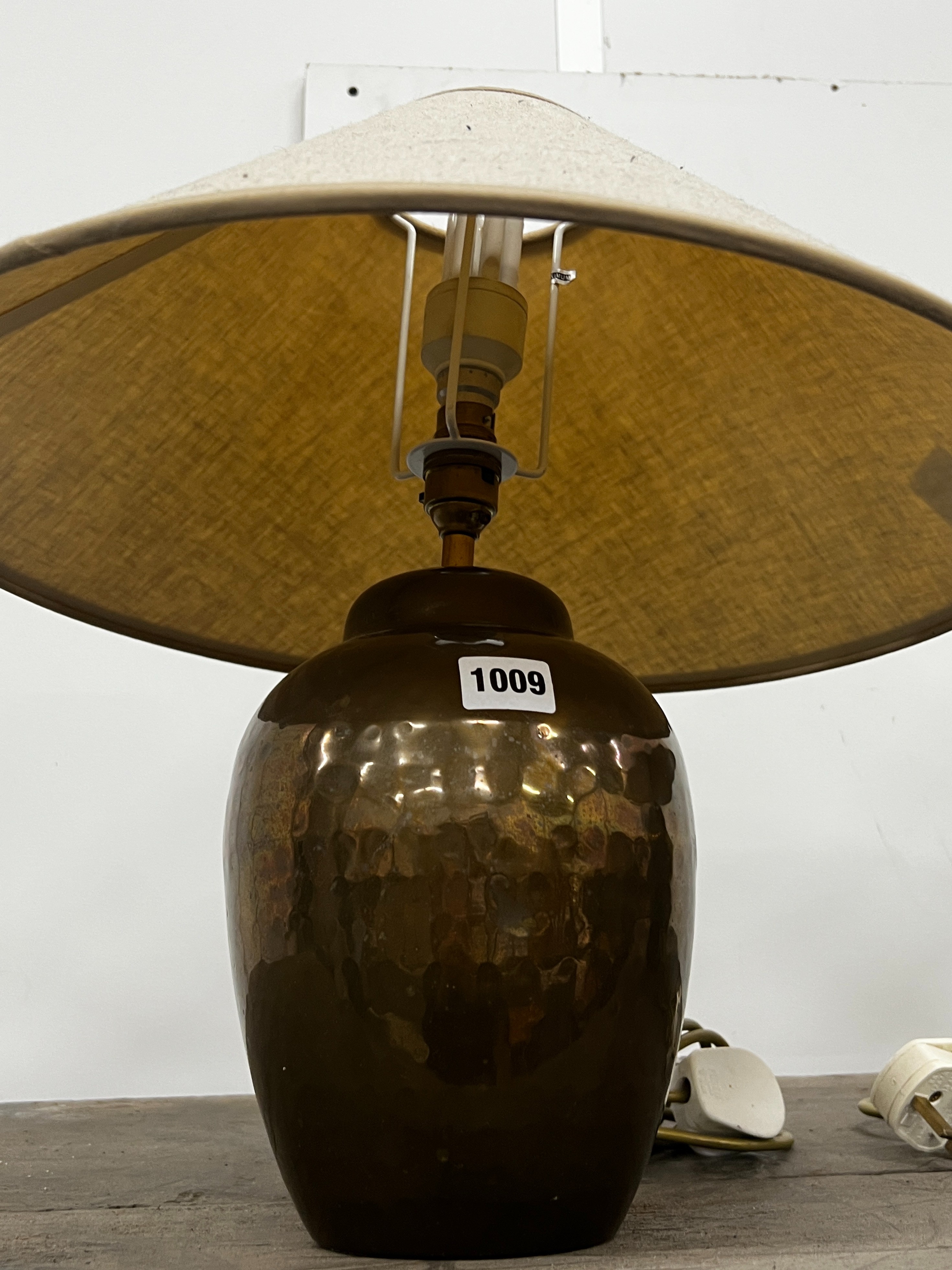 A pair of contemporary copper table lamps with shades, height including shades, 40cm